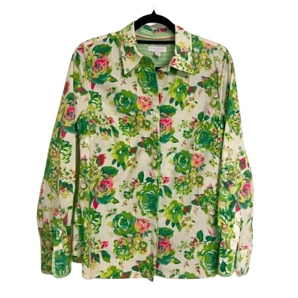 Charter Club women's petite LG bright floral button-down long sleeve w/ contrast - Picture 1 of 8